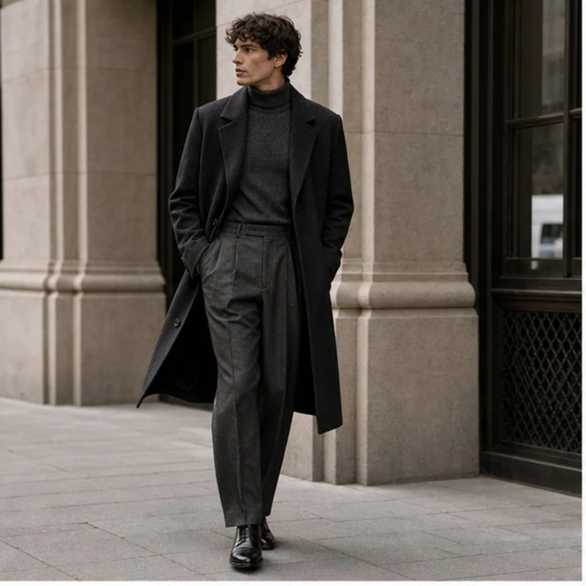 A male model in a charcoal overcoat and grey trousers walking between stone columns.