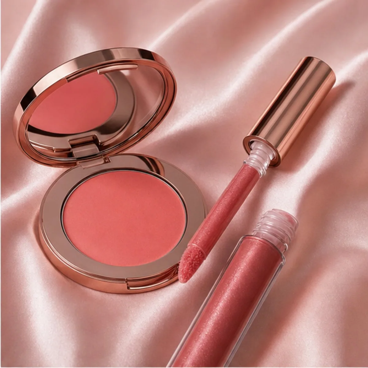 A rose blush compact and a lip gloss on pink satin.