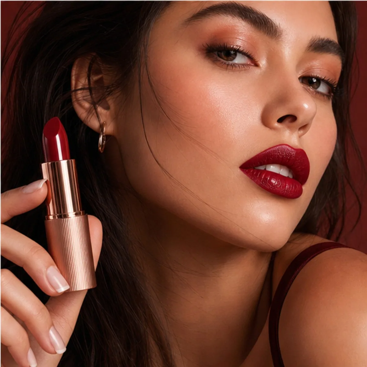 A model with a red lip holding a lipstick close to her face.