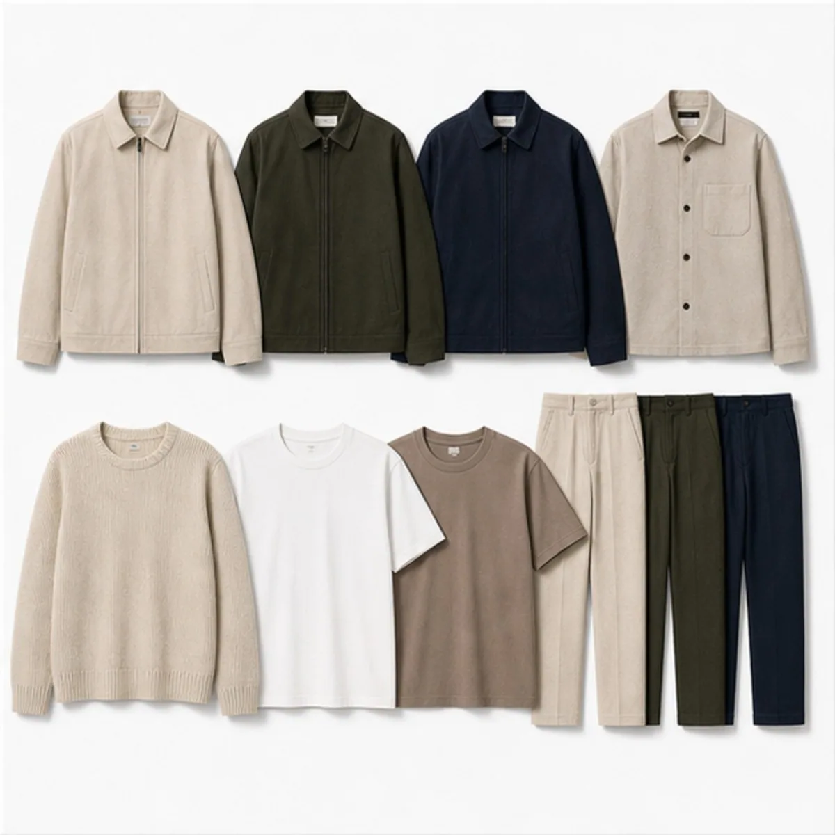 An apparel range laid out on white: jackets, knitwear, tees and trousers in neutral colours.