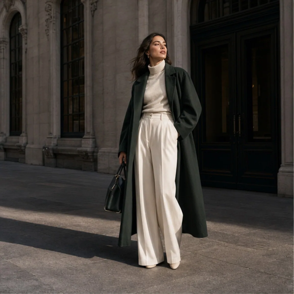 A model in a long green coat and cream trousers walking past a stone building.