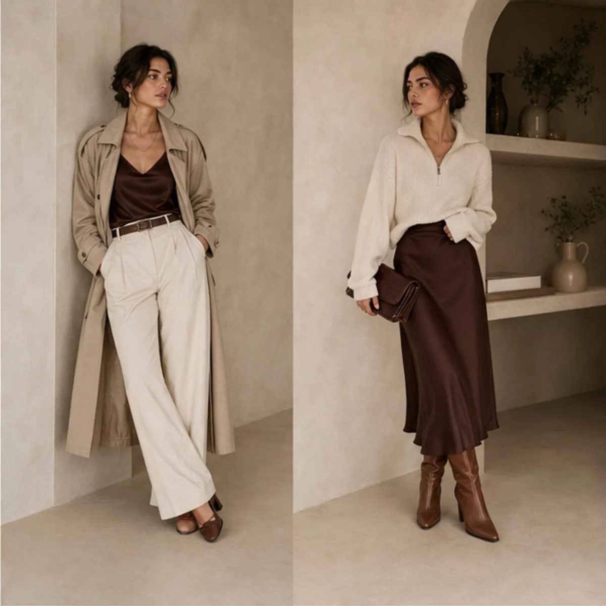 The same model in two looks: a trench coat with cream trousers, and a cream shirt with a brown satin skirt.