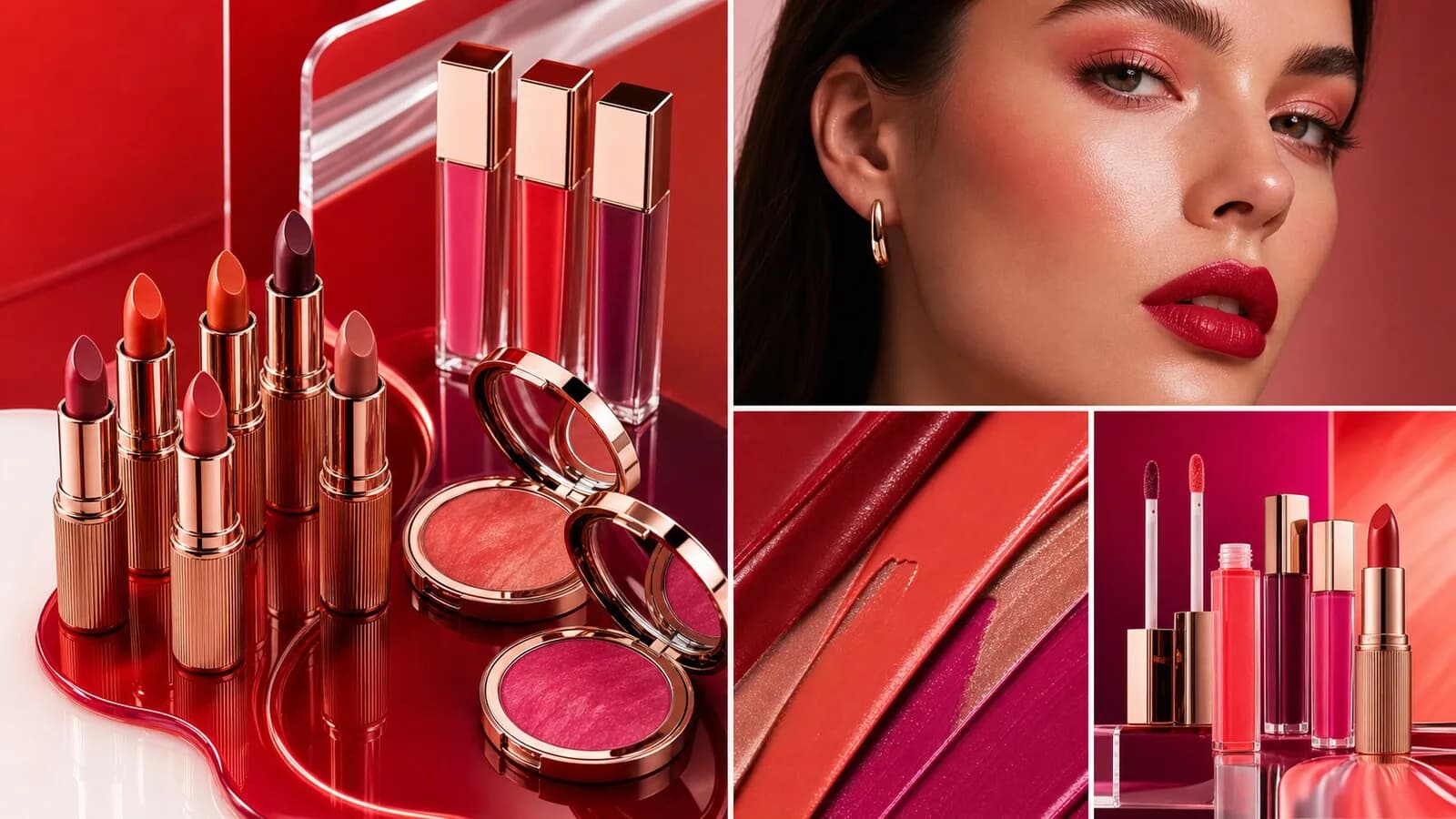 Red lipsticks, blush compacts and glosses on a glossy red surface beside a model with red lips.