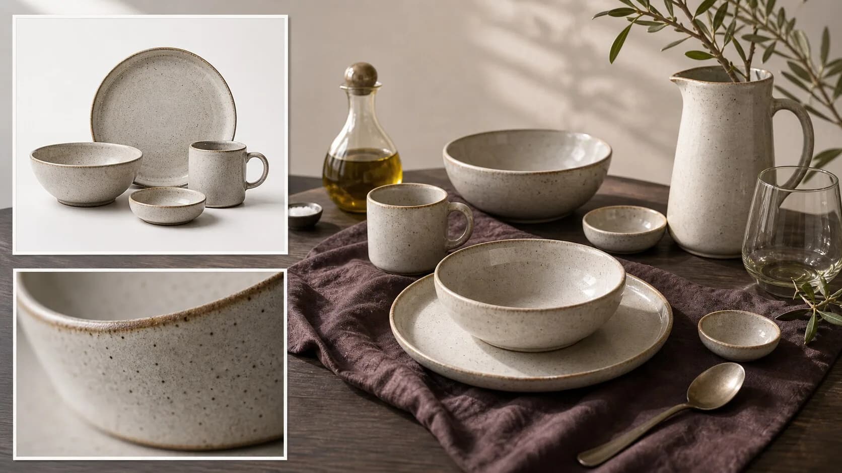 Speckled stoneware plates, bowls and cups styled on plum linen beside clean white-background product shots.