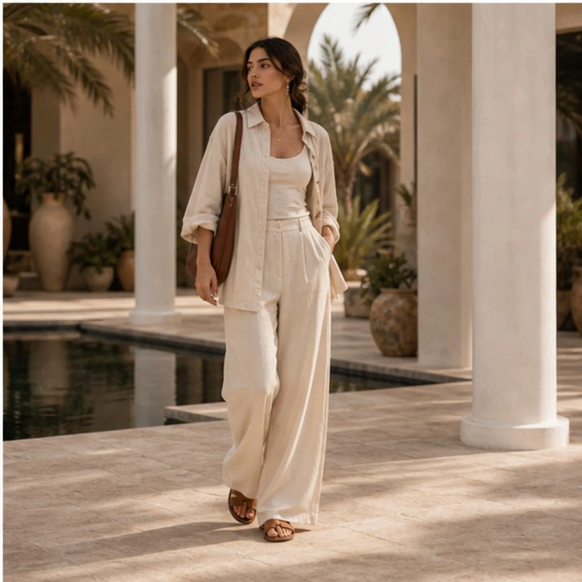 A model in a linen shirt and wide trousers walking beside a pool under palm trees.