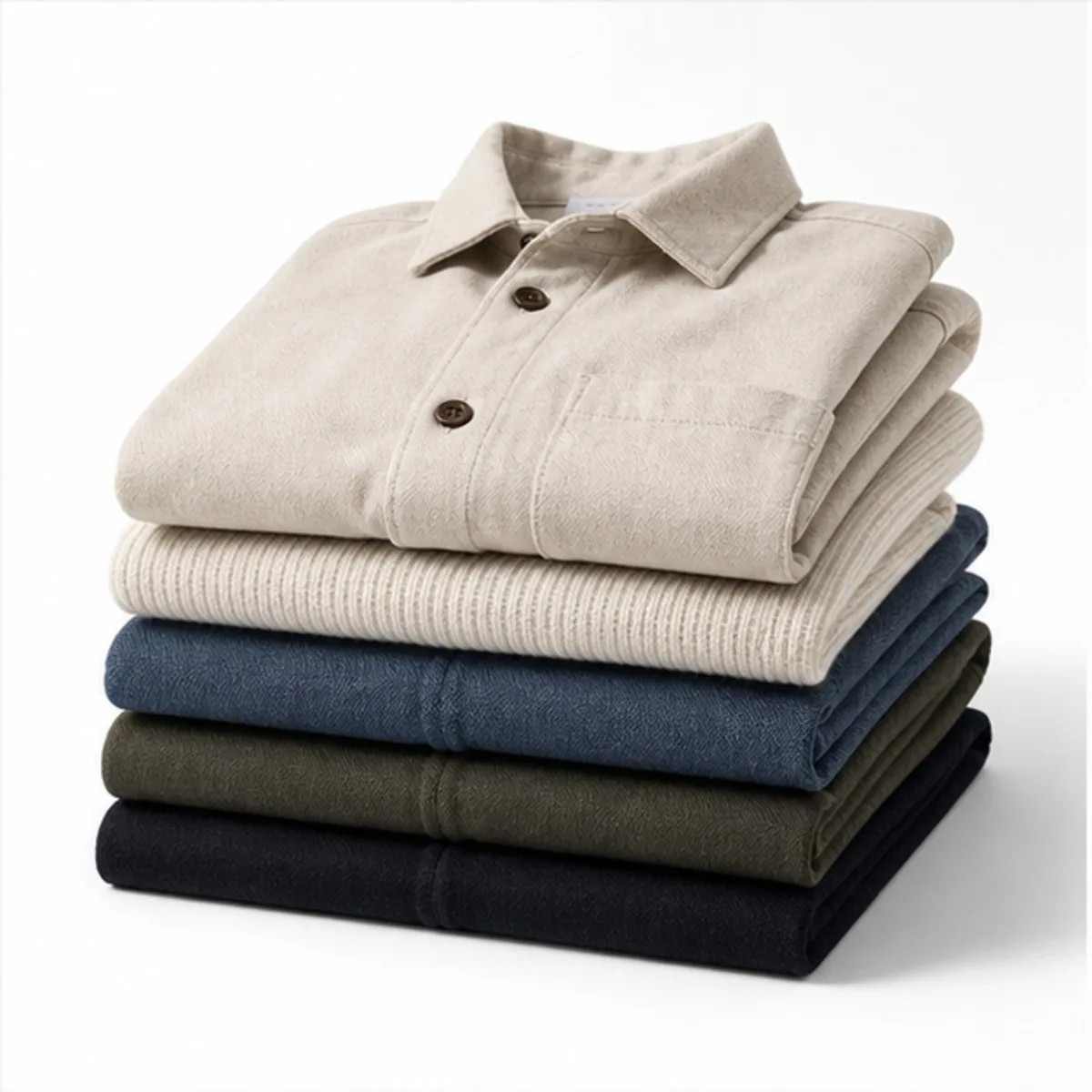 A stack of folded shirts in cream, blue, olive and navy on a white background.