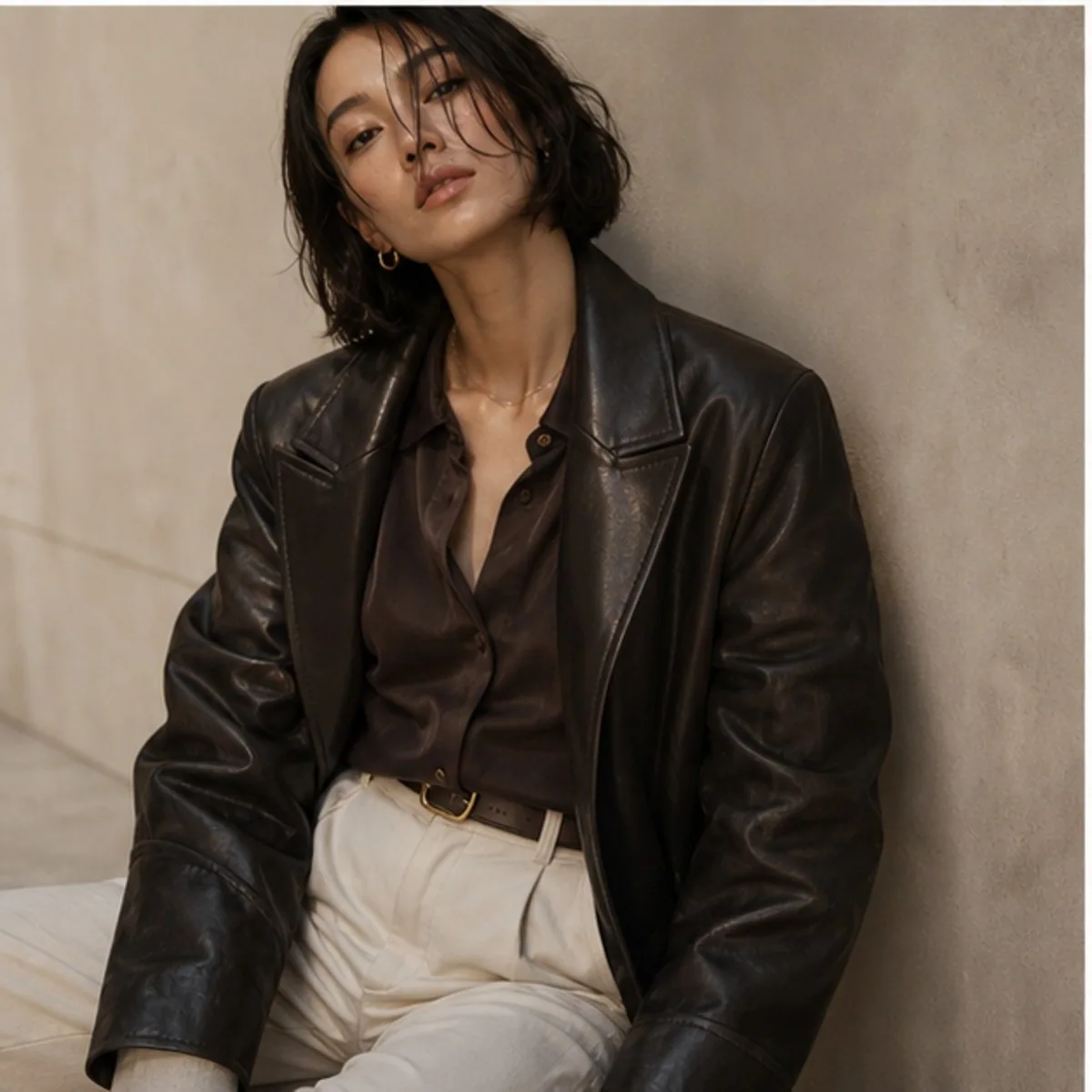 A model in a dark leather jacket and cream trousers seated against a warm wall.
