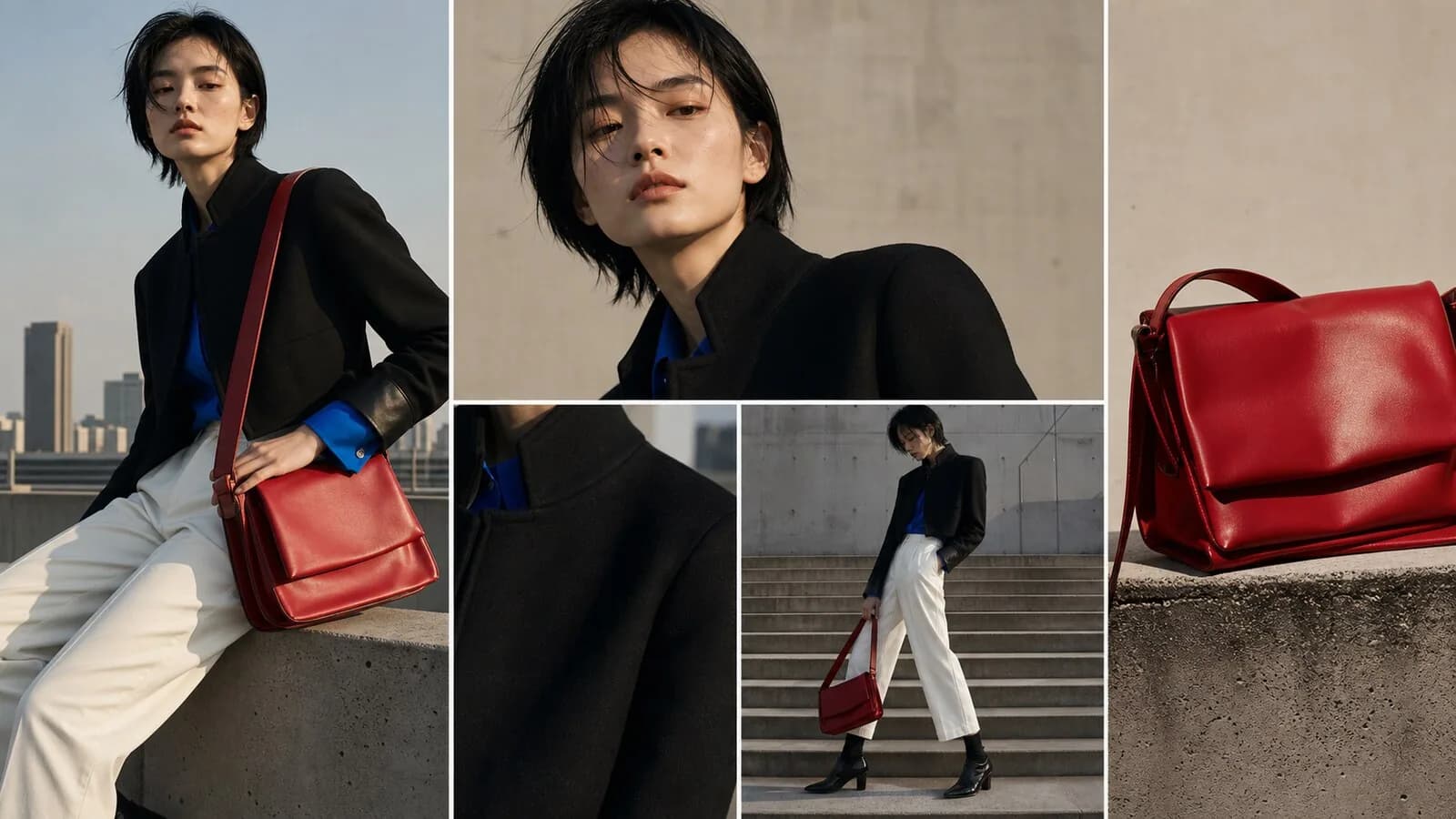 Model in a black jacket and white trousers with a red leather shoulder bag, shot against concrete steps.